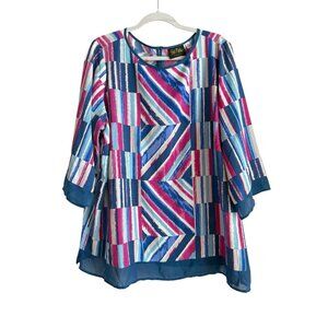 BOB MACKIE Wearable Art Abstract Stripe Tunic Top Chiffon Trim Blouse Women’s 2X